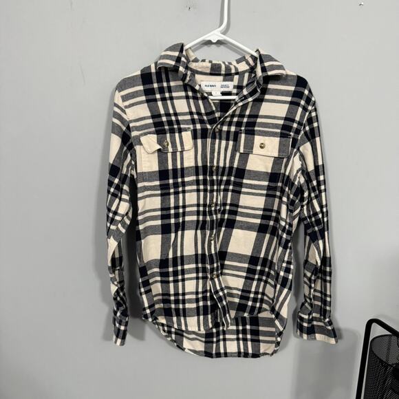Old Navy Regular Fit Button Down Flannel Shirt Men's Size Small Cream Plaid Blue - Picture 1 of 6